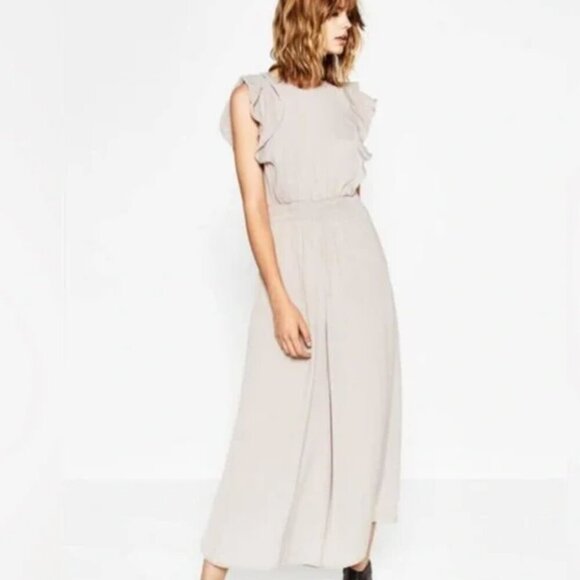 Zara Women's Small Ruffle Jumpsuit Gray Silver Lined Sleeve Button Back Wide Leg - Picture 1 of 14